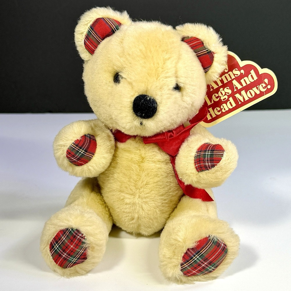 VTG 1984 Dakin Tinsel Teddy Plush Stuffed‎ Animal Articulated Plaid Accents 9"